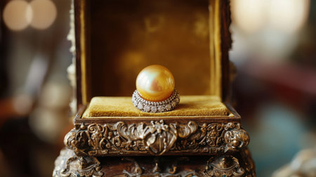 This stunning image showcases an elegant golden pearl ring nestled in an ornate vintage jewelry box, exuding luxury and timeless beauty.の素材
