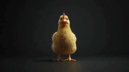 This vibrant image showcases an adorable baby chicken standing against a sleek black background, ideal for projects requiring warmth and charm.の素材