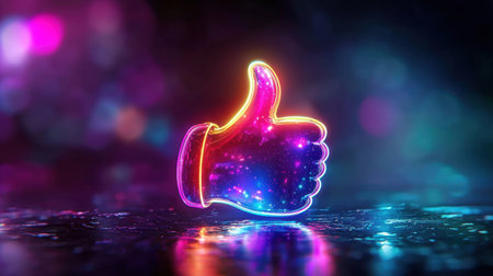 Eye-catching neon thumb symbol radiates positivity with a colorful shimmering background, perfect for expressing appreciation and engagement in creative projects.の素材