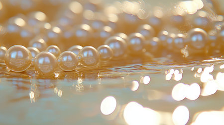 Captivating close-up of lustrous pearl beads resting on a soft golden surface, surrounded by dreamy bokeh highlights, exuding elegance and luxury.の素材