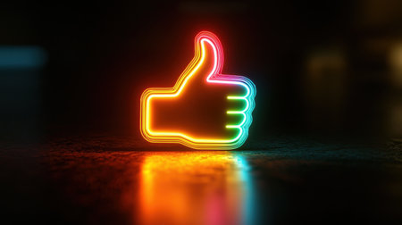 A neon-style glowing thumbs up gesture shines brightly against a dark ambient background, symbolizing approval and positivity in digital communication.の素材