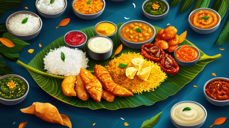 A vibrant display of traditional dishes served on a green leaf, featuring rice, diverse curries, and savory snacks, perfect for sharing during festive meals.の素材