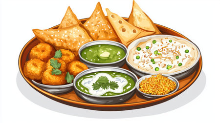 Experience the delightful essence of Indian cuisine with this colorful platter featuring samosas, dahi vada, and vibrant chutney, perfect for food enthusiasts.の素材