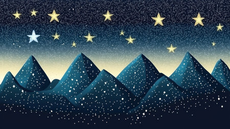 Cartoon-style mountains at night with a soft gradient sky, twinkling stars, and a peaceful dreamy atmosphere.の素材