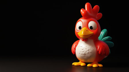 This image features a vibrant toy bird with a charming expression, set against a dark background. Ideal for themes of childhood, creativity, and playfulness.の素材