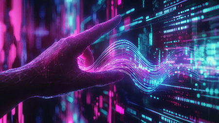 A captivating image showcasing a hand reaching toward a colorful digital data flow, symbolizing the connection between technology and human interaction in a vibrant setting.の素材
