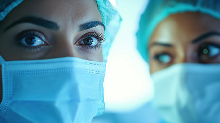 This close-up image captures the focused expressions of medical professionals wearing surgical masks in a bright hospital setting. The image highlights the dedication and teamwork in healthcare.の素材