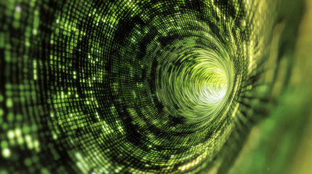Capture the essence of a vibrant green digital tunnel filled with swirling lights and patterns, evoking a sense of depth and infinity in this mesmerizing abstract image.の素材