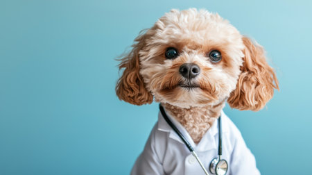 This charming image features a fluffy dog wearing a white coat and stethoscope, embodying the spirit of veterinary care and the bond between pets and their owners.の素材
