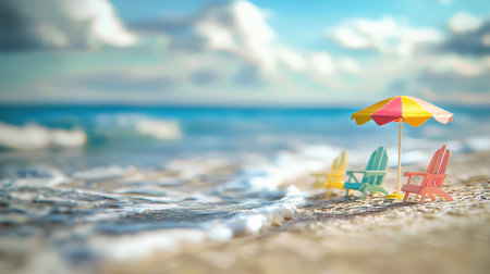A serene beach scene featuring colorful chairs and an umbrella on sandy shores. Gentle waves lap at the beach under a bright blue sky, perfect for relaxation.の素材