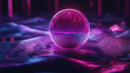 This captivating abstract artwork features a glowing sphere surrounded by vibrant neon hues, floating above a textured surface, creating a dynamic digital landscape.の素材