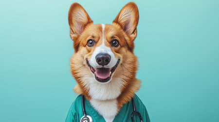 This charming corgi in a veterinarian's outfit exudes happiness and professionalism, promoting a sense of trust and care in the world of animal health and well-being.の素材