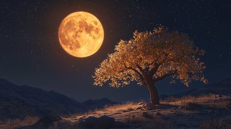 A stunning autumn tree stands alone under a bright full moon, casting a warm glow across the serene mountain landscape in a star-filled night sky.の素材