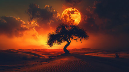 A stunning scene of a lone tree silhouetted against a vivid sunset and full moon in a desert landscape, creating an enchanting atmosphere filled with vibrant colors.の素材