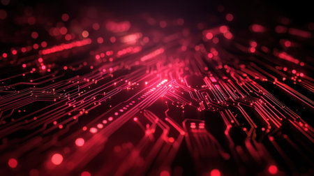 A stunning abstract image of a glowing red circuit board pattern, highlighting intricate lines and curves that symbolize technology and digital innovation.の素材