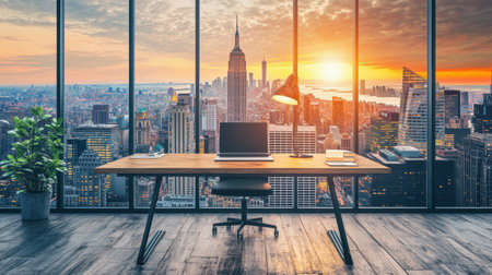 A captivating modern office space featuring sleek furniture and a breathtaking view of the skyline at sunset, perfect for inspiring creativity and productivity.の素材