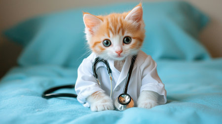 This charming image features a fluffy orange tabby kitten dressed in a white lab coat and wearing a stethoscope, creating a whimsical medical theme on a cozy blue bed.の素材