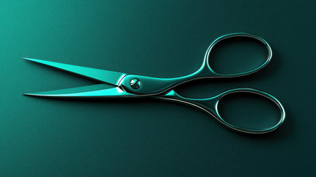 A high-quality image of gleaming stainless steel scissors resting on a smooth turquoise surface. Ideal for showcasing crafting, sewing, and office applications.の素材