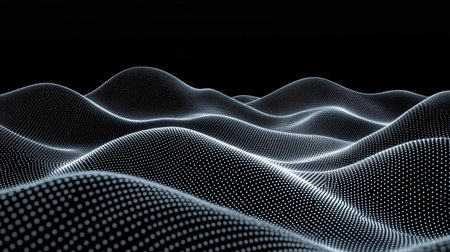This abstract image showcases a digital landscape of glowing waves composed of tiny dots, creating a mesmerizing visual effect against a dark backdrop, perfect for technology themes.の素材