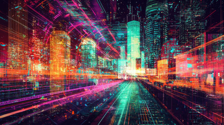 This image features a stunning futuristic cityscape illuminated by vibrant neon lights. Abstract elements create a sense of motion, showcasing an urban environment that feels alive with energy.の素材