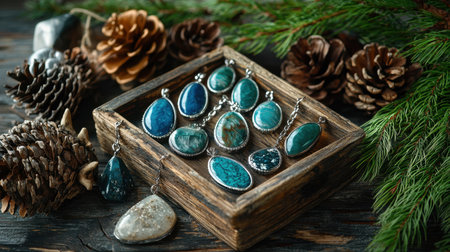 A stunning display of turquoise gemstones set in silver, arranged in a rustic wooden box with natural elements like pine cones and evergreen, showcasing craftsmanship.の素材