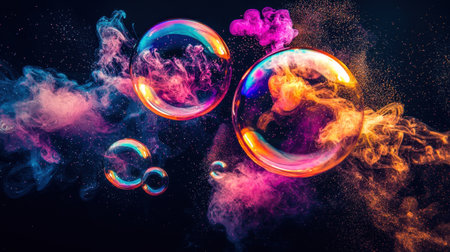 This stunning image captures colorful bubbles surrounded by vibrant smoke, creating an abstract and imaginative scene. The dynamic colors and textures inspire creativity.の素材