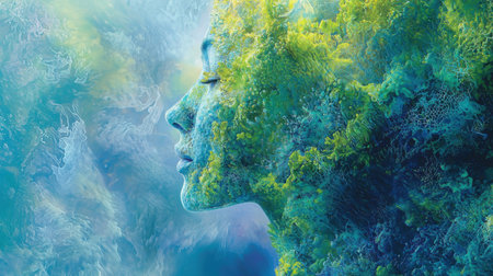 This stunning artwork showcases a woman's profile seamlessly blending with vibrant textures and greenery, creating a captivating representation of nature and serenity.の素材