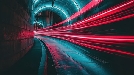 Captivating night scene featuring vibrant light trails in a city tunnel, showcasing the dynamic interplay of neon glow and shadows in an urban environment.の素材