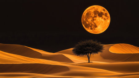 A breathtaking desert scene featuring a vibrant full moon casting its glow over golden sand dunes and a solitary tree, creating a serene and tranquil atmosphere at night.の素材