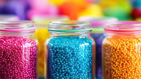 Brightly colored glass jars filled with vibrant beads create a joyful and creative atmosphere, perfect for art projects and decorative crafts in any setting.の素材