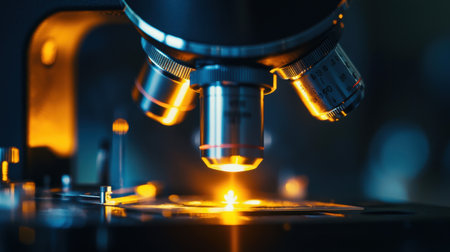 A detailed view of a microscope illuminating a sample with vibrant light, highlighting the intricate design and technology used in scientific research and discovery.の素材