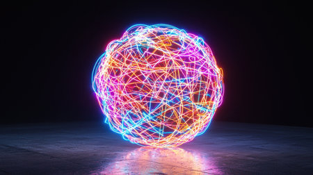 This striking image features a vibrant sphere created with colorful neon lines against a dark backdrop, ideal for various creative and artistic projects.の素材