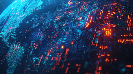 This vibrant and abstract digital concept illustrates global connectivity and data visualizations, showcasing a high-tech environment with glowing patterns and intricate designs.の素材