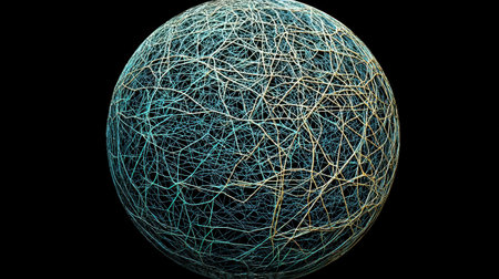 This abstract image showcases a sphere composed of interwoven lines, symbolizing connectivity and networks amidst a dark background, creating an engaging visual concept.の素材