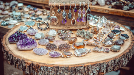 A vibrant display of natural gemstone jewelry set on a rustic wooden table, surrounded by stunning crystals and minerals in an inviting outdoor marketplace atmosphere.の素材