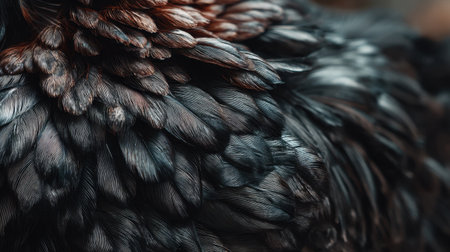 The image captures a stunning close-up of bird feathers, showcasing a harmonious blend of rich colors and intricate textures. Ideal for nature lovers.の素材