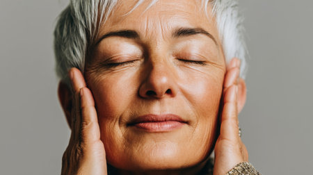 This image features a serene mature woman enjoying a moment of relaxation and self-care. With her eyes closed and a peaceful expression, she embodies tranquility and confidence. Her gray hair and glowing skin highlight the beauty of aging gracefully, making this photo ideal for wellness, lifestyle, or beauty themes.の素材