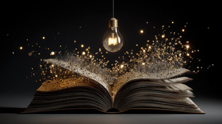 An open book emits magical sparks under a glowing light bulb, capturing the essence of inspiration and imagination. A surreal representation of knowledge.の素材