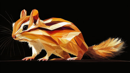 A glowing low-poly golden chipmunk standing on two legs, faceted with brilliance.の素材