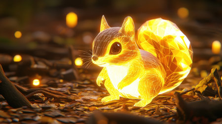 A glowing low-poly golden chipmunk standing on two legs, faceted with brilliance.の素材
