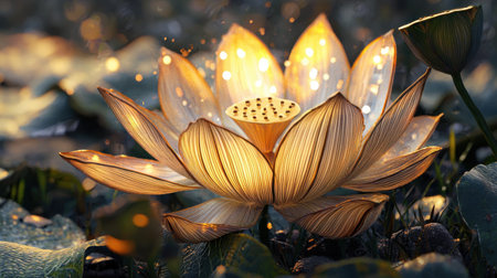 A golden lotus flower with luminous, elegant petals in a hyper-realistic 3D render.の素材