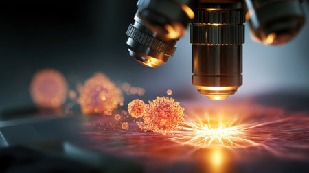 A high-tech microscope focuses on a sample showing viral particles, symbolizing advanced research in microbiology and healthcare innovation.の素材