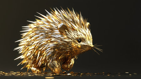 A polygonal low-poly golden porcupine, its spikes shimmering in metallic gold.の素材