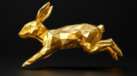 A polygonal low-poly golden rabbit leaping, its body sculpted with dazzling reflections.の素材