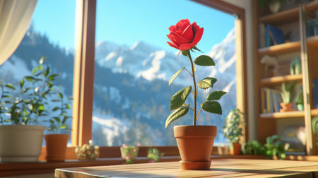 A stunning 3D-rendered red rose with velvety petals, fully bloomed.の素材