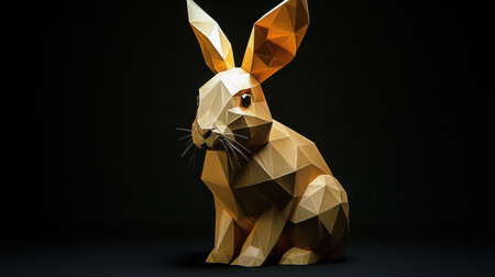 A beautiful low-poly golden rabbit sitting with glimmering polygonal highlights.の素材