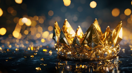 A crystal-like low-poly golden crown, sparkling with intricate reflections.の素材