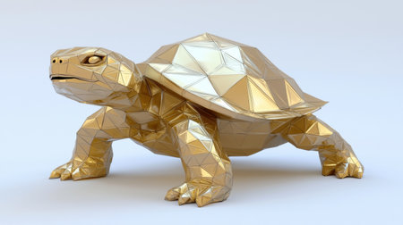 A faceted low-poly golden turtle, designed with precise geometric patterns.の素材