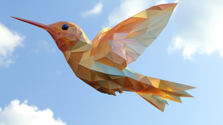 A delicate low-poly golden hummingbird in mid-flight, glittering with sharp facets.の素材