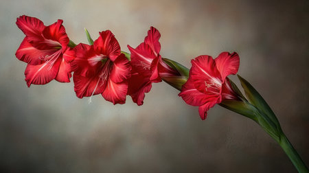 A brilliant red gladiolus flower with multiple blooms on a green stem.の素材